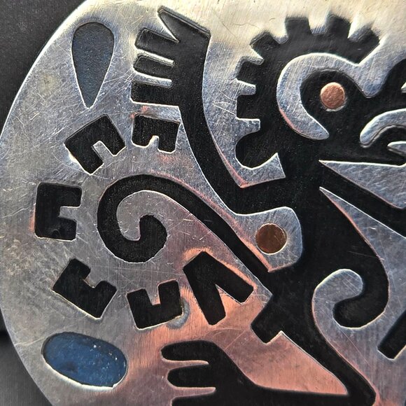 VTG Taxco Sterling Aztec Monkey Brooch 2" Black Enamel Turquoise Inlay Signed RH - Picture 2 of 10